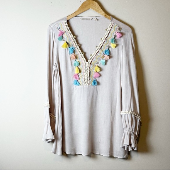 Soft Surroundings Clementine Tassel Tunic Embroidered Boho Beige S - Picture 2 of 9